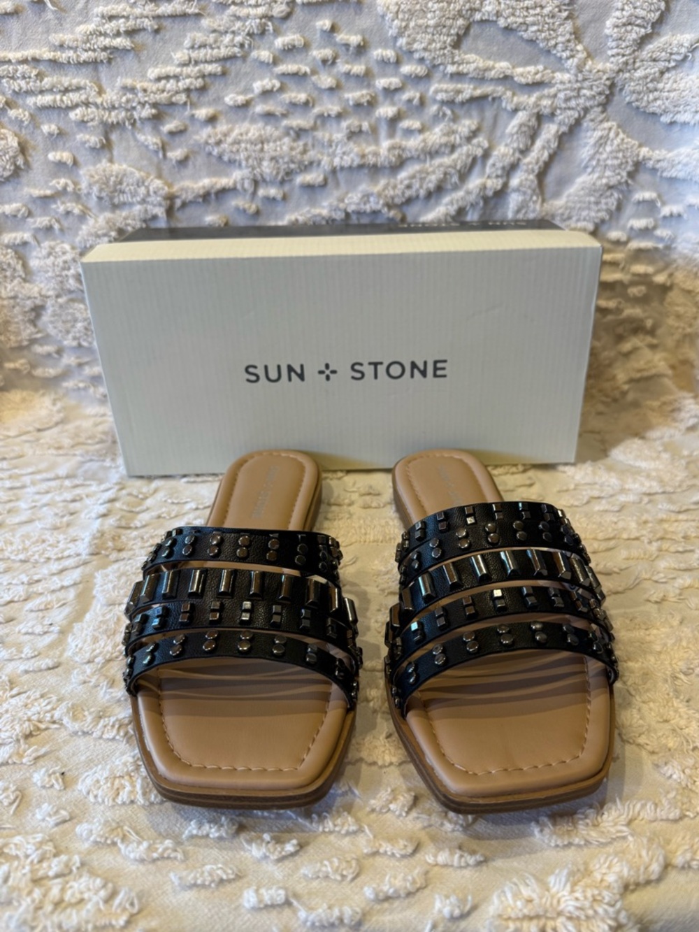 Sun + Stone Black Studded Multi-Strap Slide Sandal#648 - Picture 2 of 4